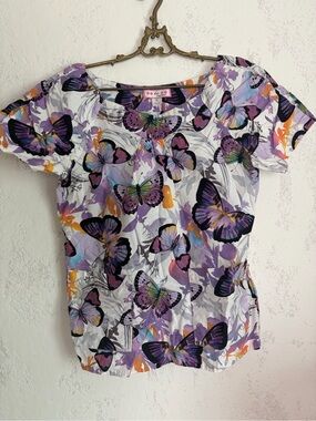 Koi Short-Sleeve Butterfly Print Scrub Top